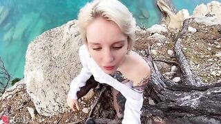 A cute girl passionately sucks her ex-boyfriend's big dick on the ocean shore