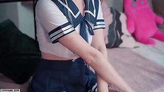 Schoolgirl with a cute face gets her pussy filled with cum and facial