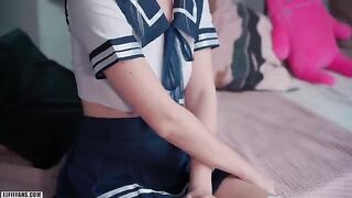 Schoolgirl with a cute face gets her pussy filled with cum and facial