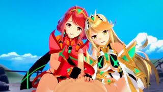 Pyra and Mythra enjoy a threesome sex session in this 3D hentai