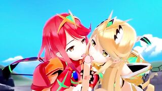 Pyra and Mythra enjoy a threesome sex session in this 3D hentai