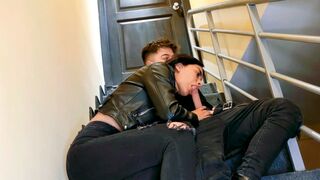 The couple has sex on the stairs of their last apartment floor