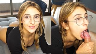 The pretty girl received a huge dick in her throat and got a warm throat pie