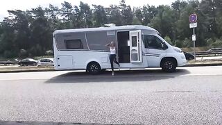 Public sex in wet look leggings on the A1 motorway, come hither!