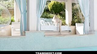 Skinny yoga girl Lola Fae gets banged by the pool by horny MILF’s BF