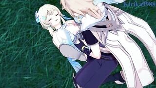 Aether and Lumine have intense sex in the meadow at night - Genshin Impact Hentai