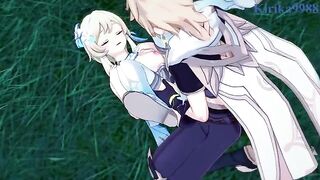 Aether and Lumine have intense sex in the meadow at night - Genshin Impact Hentai