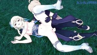 Aether and Lumine have intense sex in the meadow at night - Genshin Impact Hentai