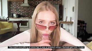 A pretty slut gets a messy cumshot on her glasses