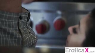 The couple has sex right in the kitchen, it's very erotic