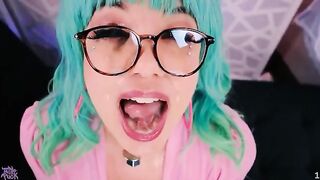 Sticky jizz on face with Little Puck's wild energy