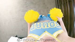 Cheerleader makes a mess on her face after getting fucked hard in POV style
