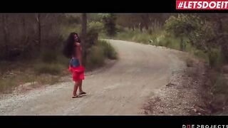 Petite brunette Alexa Tomas pisses in public before deepthroating