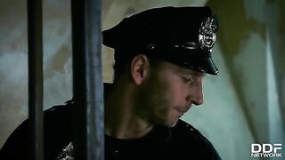 Hardcore threesome with Rosella Visconti and Chief of Staff in a police station setting