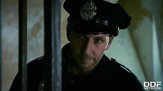 Hardcore threesome with Rosella Visconti and Chief of Staff in a police station setting