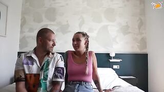 A couple has their first experience with dirty talk at a hotel