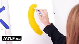 Artistic MILF with big boobs seduces her male nude painting model