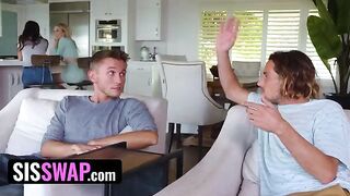Lusty dudes pretend to be stepsisters' boyfriends and swap them hard