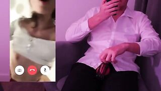 A man's cock was too long and he cum in his pants while on a video call