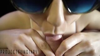The appetizing girl made a blowjob, playing with the foreskin of her boyfriend