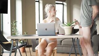 Eva Elfie gets creampied during a Zoom class, showcasing her seductive charm and tight, youthful energy that has made her a standout star in steamy scenes like this one