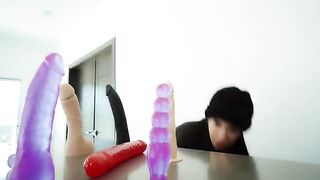 Fucking my ass and pussy with the neighbor's dildos until I release my fluid