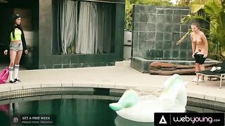 A young skater girl sneaks into a house and savors the breasts of a busty babe