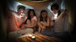 The naughty boys scared Penelope and Aubrey with a spooky story then fucked them both