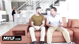 The hot cougar greeted the young guy with a warm welcome home
