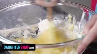 Two step-daughters compete to make the best pie for their dads in a steamy kitchen scene