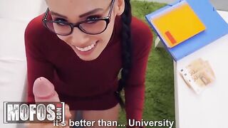 Nerdy guy gets hot chick to show her boobs and ass for money in steamy MOFOS vid