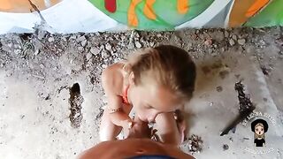 A pretty girl, half-naked, was fucked by a guy in an abandoned building