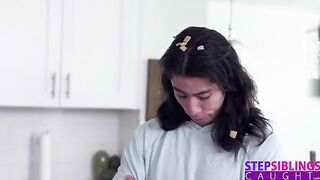 The hot girl fucks with her stepbrother in the kitchen