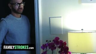 The stepdaughter pleases her stepdad while her stepmom is in the room