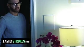 The stepdaughter pleases her stepdad while her stepmom is in the room