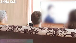 A risky blowjob on the couch while the husband almost caught them