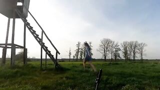 A Chihuahua was fucking in the hunting podium outdoors