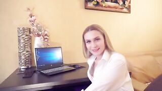 A hot young girl trying to get a raise from her boss directly in the office