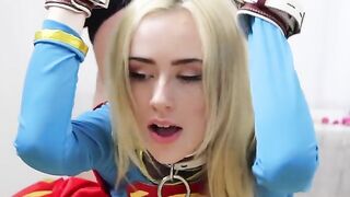 Candy White, in a superheroine costume, is tied up and pleads for help in a thrilling scenario