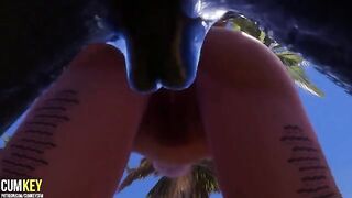Two girls are having sex with a big cock monster in a wild 3D scene