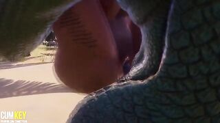 Two girls are having sex with a big cock monster in a wild 3D scene