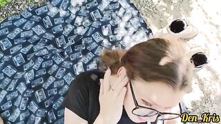 A cute girl with a sweet face got a lot of warm cum on her face and hair