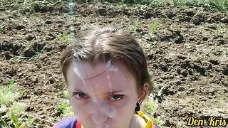 A cute girl with a sweet face got a lot of warm cum on her face and hair
