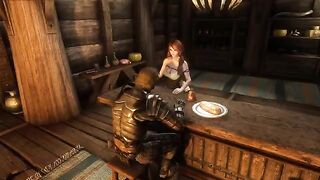 Ysolda seduces a traveler in her tavern, showcasing Skyrim's lustful charm