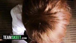 The housekeeper, a sexy ginger, drops to her knees and swallows