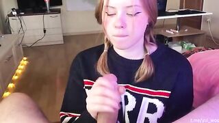 The student gently sucks the cock and gets cum on her tongue