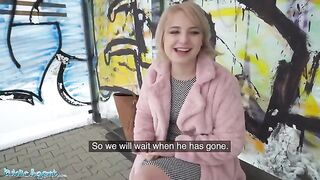 Short hair blonde teen picked up at bus stop for cash by Public Agent