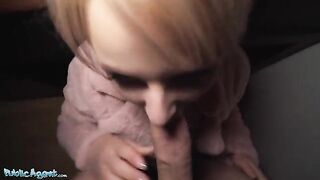 Short hair blonde teen picked up at bus stop for cash by Public Agent