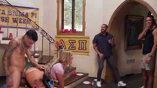 Busty MILF housekeeper gets fucked by college frat in rough session