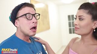Hot Indian British model licks cum off dork's glasses after he cums on his face